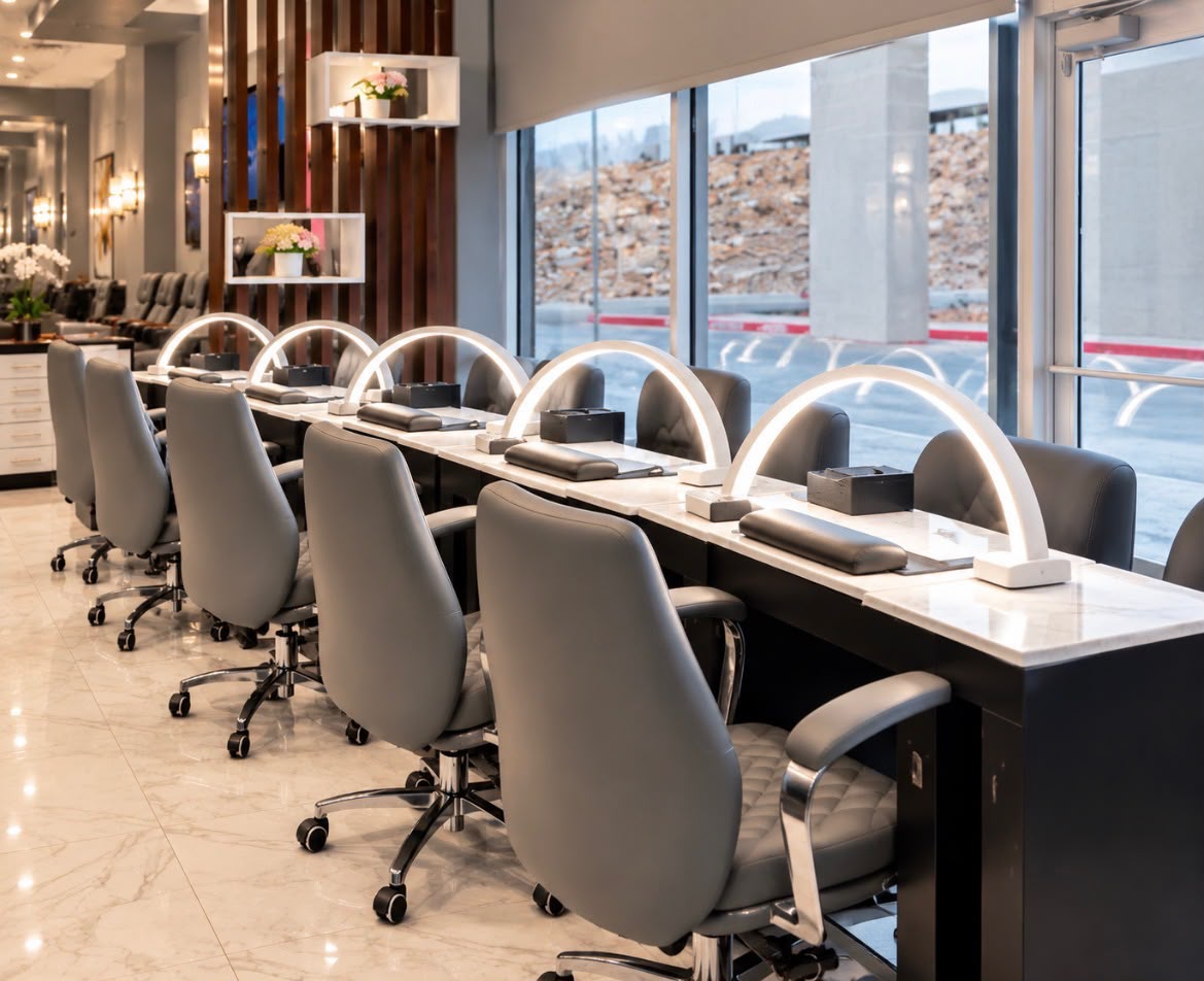 Manicure stations with marble tops beside the windows