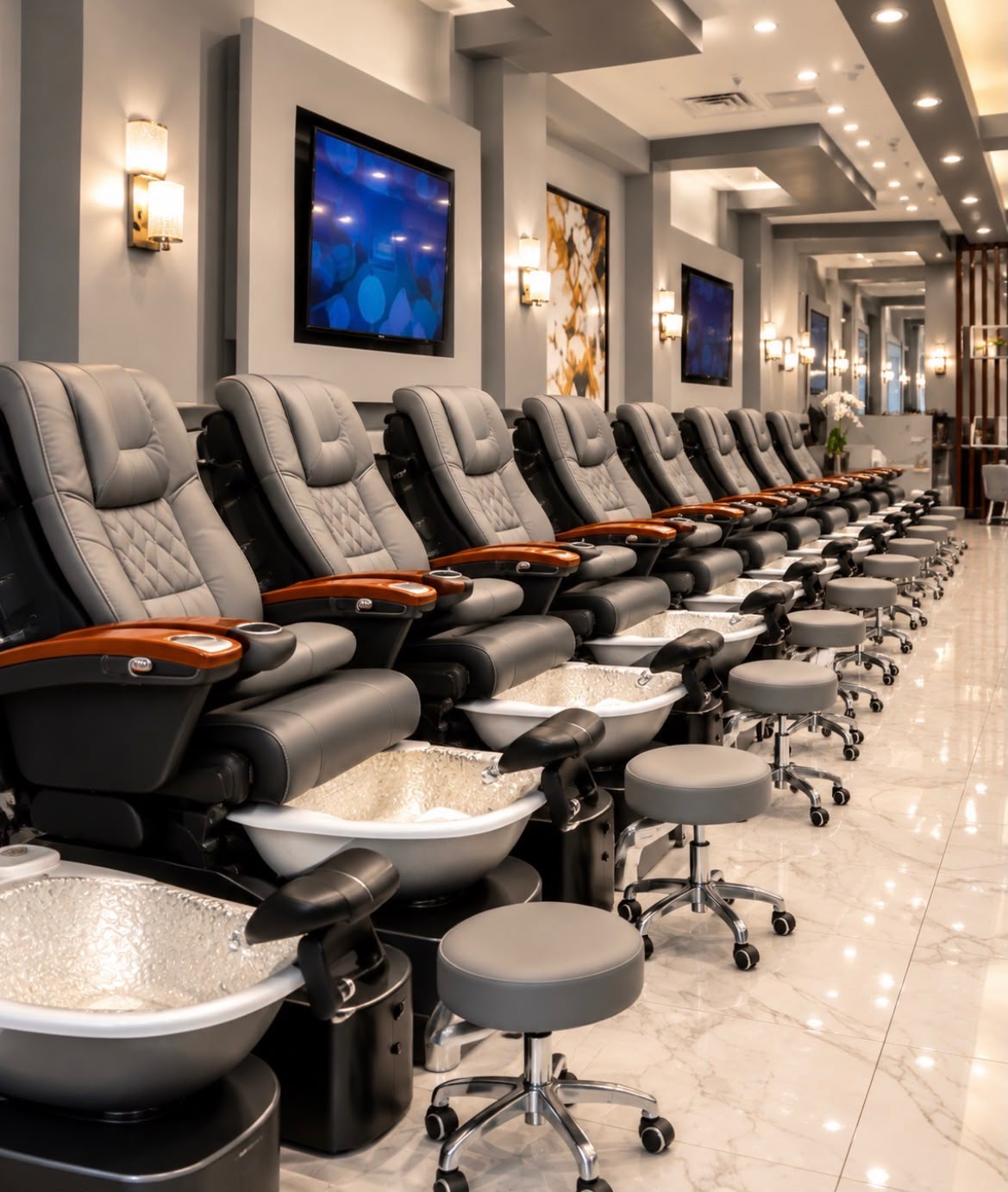 Row of leather pedicure massage chairs