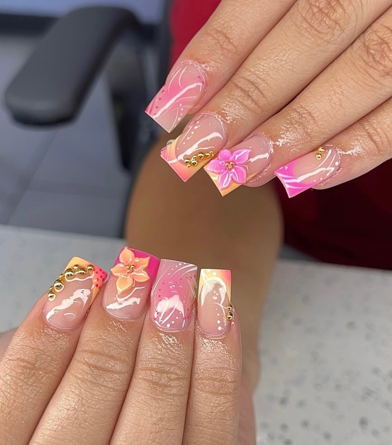 Long square nails with pink floral art