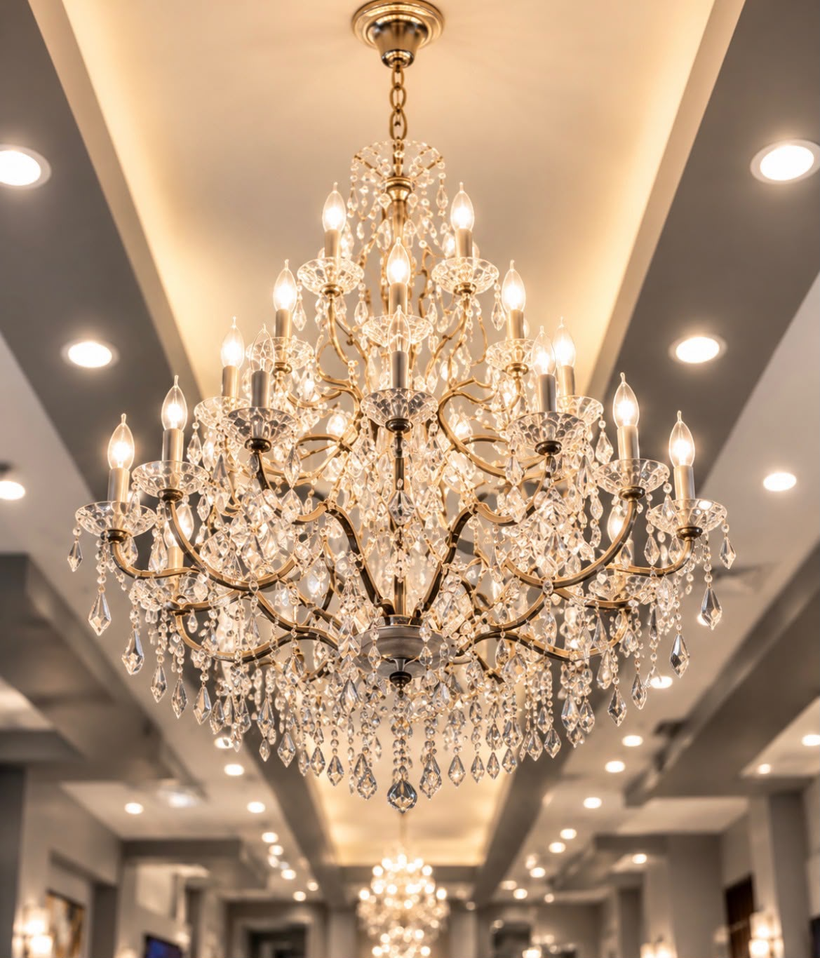 Crystal chandeliers lighting the salon hallway